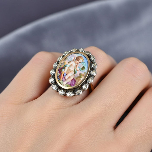 Antique Georgian Rose Cut Diamond Enamel Cupid Ring - Boylerpf