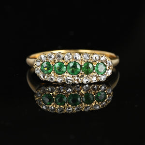 Antique 14K Gold Rose Cut Diamond Halo Emerald Ring, East West - Boylerpf