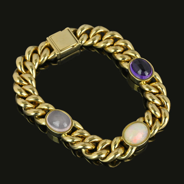 Solid 14K Gold Curb Chain Amethyst Pink Quartz Opal Bracelet - Boylerpf