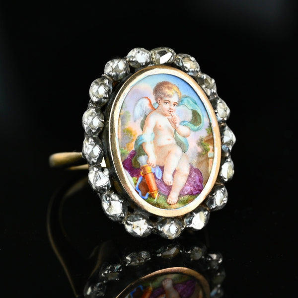 Antique Georgian Rose Cut Diamond Enamel Cupid Ring - Boylerpf