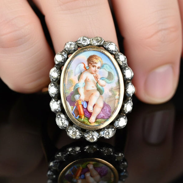 Antique Georgian Rose Cut Diamond Enamel Cupid Ring - Boylerpf
