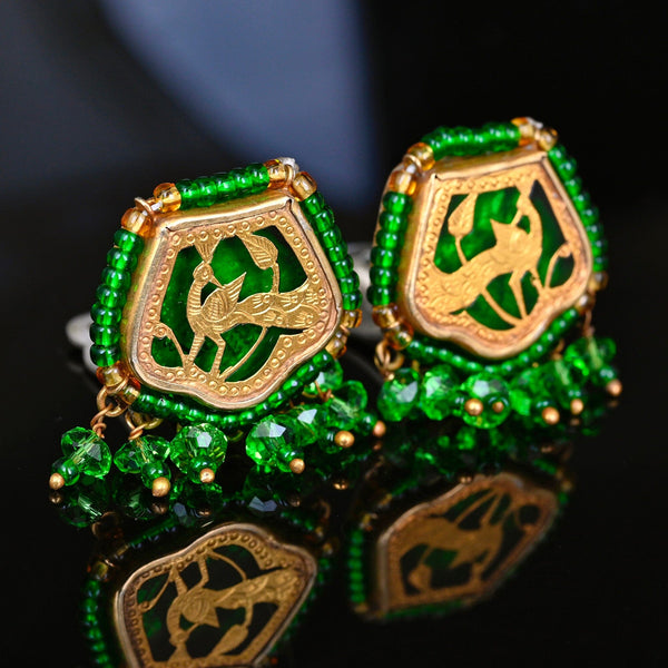 Vintage Thewa 18K Gold Peacock Green Glass Clip-On Earrings