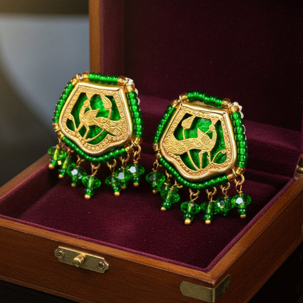 Vintage Thewa 18K Gold Peacock Green Glass Clip-On Earrings