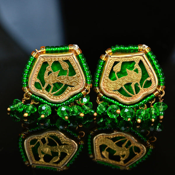 Vintage Thewa 18K Gold Peacock Green Glass Clip-On Earrings