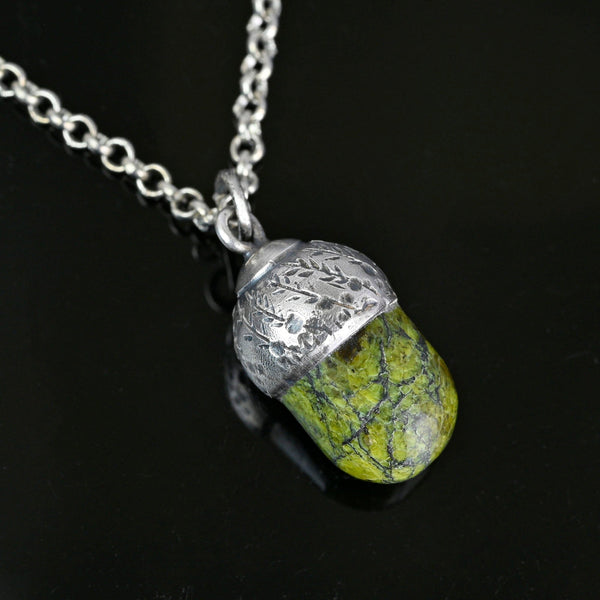 Arts & Crafts Silver Green Agate Acorn Charm Pendant - Boylerpf