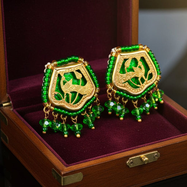 Vintage Thewa 18K Gold Peacock Green Glass Clip-On Earrings