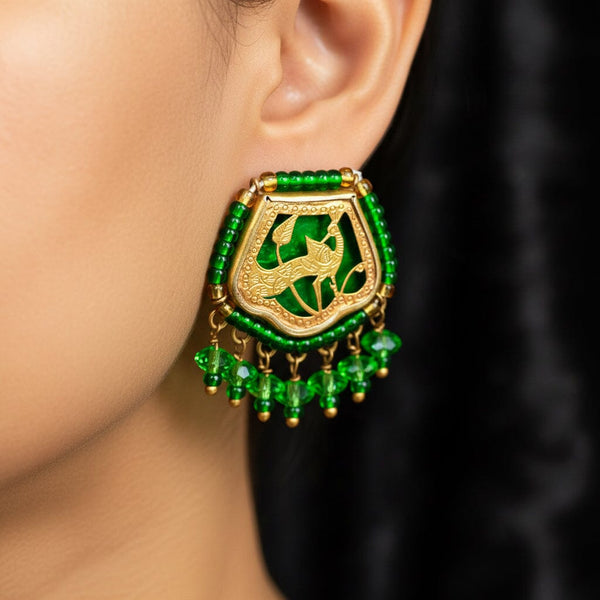 Vintage Thewa 18K Gold Peacock Green Glass Clip-On Earrings
