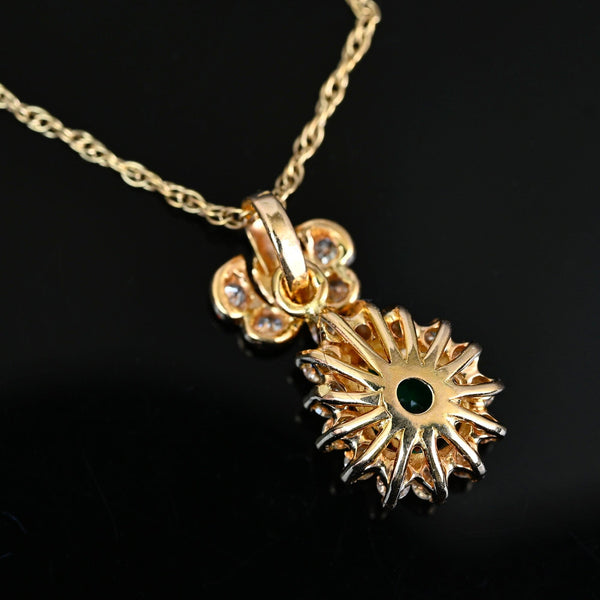 Vintage Emerald Diamond Pendant Necklace, 14K Gold Halo