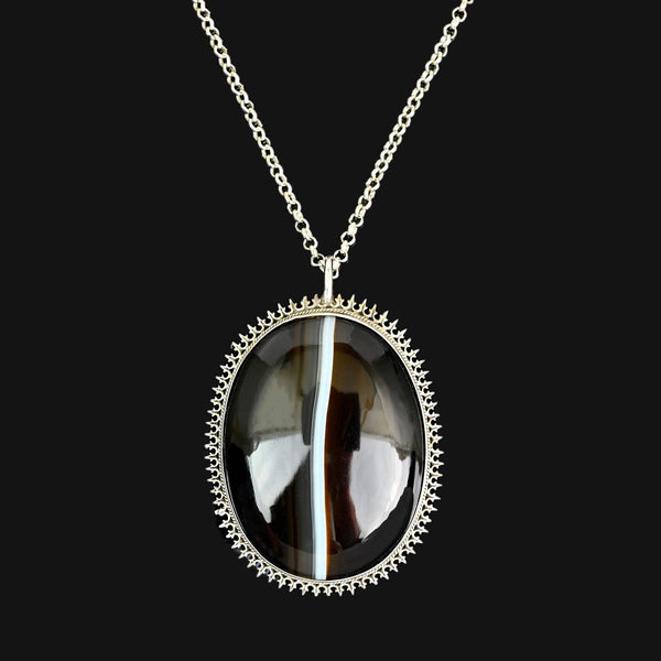 Victorian Sterling Silver Banded Agate Pendant Necklace - Boylerpf