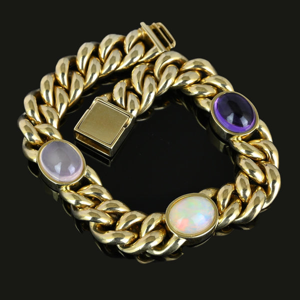 Solid 14K Gold Curb Chain Amethyst Pink Quartz Opal Bracelet - Boylerpf