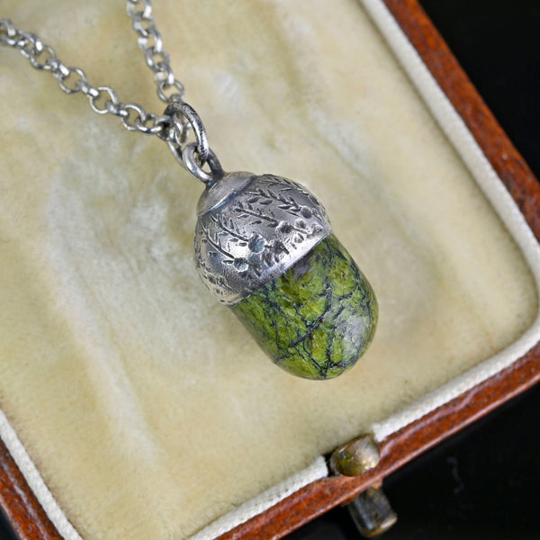 Arts & Crafts Silver Green Agate Acorn Charm Pendant - Boylerpf