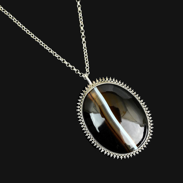 Victorian Sterling Silver Banded Agate Pendant Necklace - Boylerpf