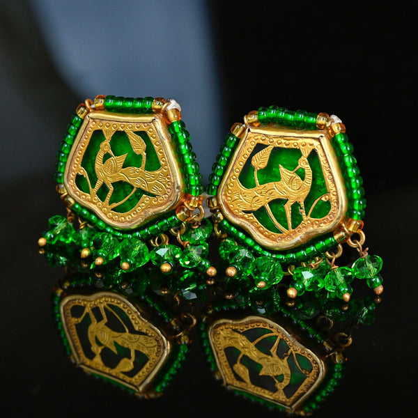 Vintage Thewa 18K Gold Peacock Green Glass Clip-On Earrings