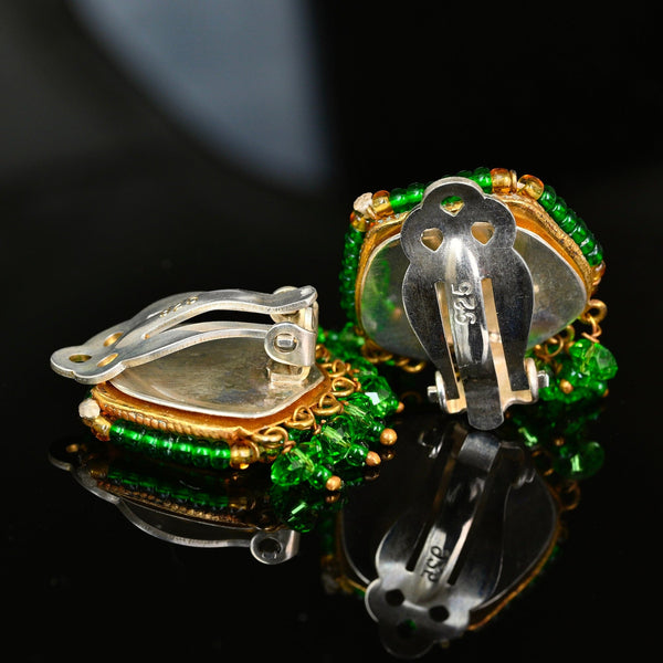 Vintage Thewa 18K Gold Peacock Green Glass Clip-On Earrings