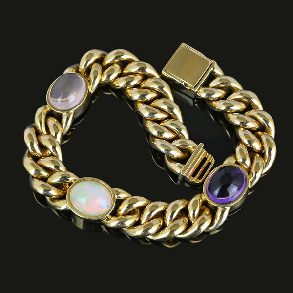 Solid 14K Gold Curb Chain Amethyst Pink Quartz Opal Bracelet - Boylerpf