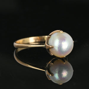 Antique 14K Gold Claw Set Akoya Pearl Solitaire Ring - Boylerpf