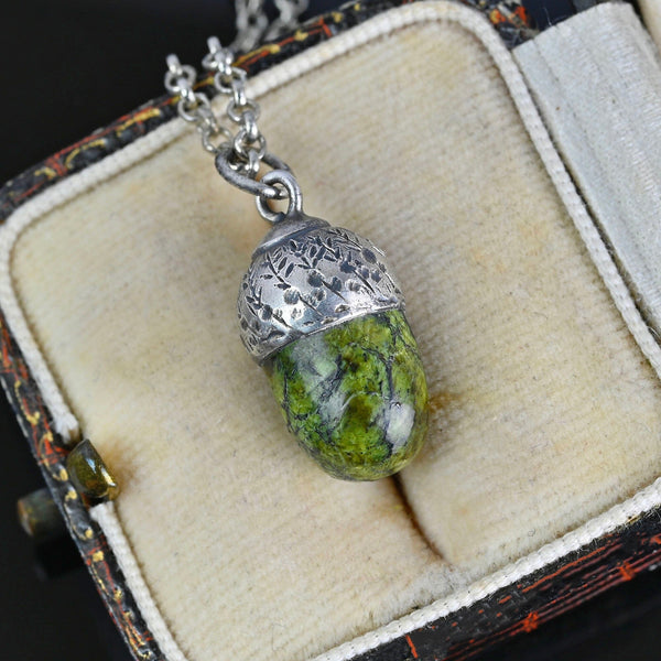 Arts & Crafts Silver Green Agate Acorn Charm Pendant - Boylerpf