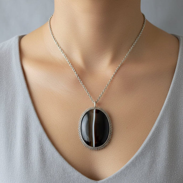 Victorian Sterling Silver Banded Agate Pendant Necklace - Boylerpf