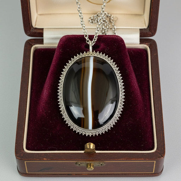 Victorian Sterling Silver Banded Agate Pendant Necklace - Boylerpf