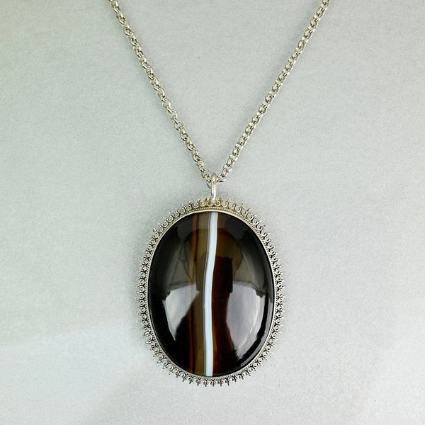 Victorian Sterling Silver Banded Agate Pendant Necklace - Boylerpf