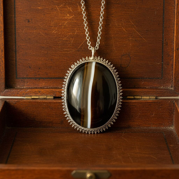 Victorian Sterling Silver Banded Agate Pendant Necklace - Boylerpf