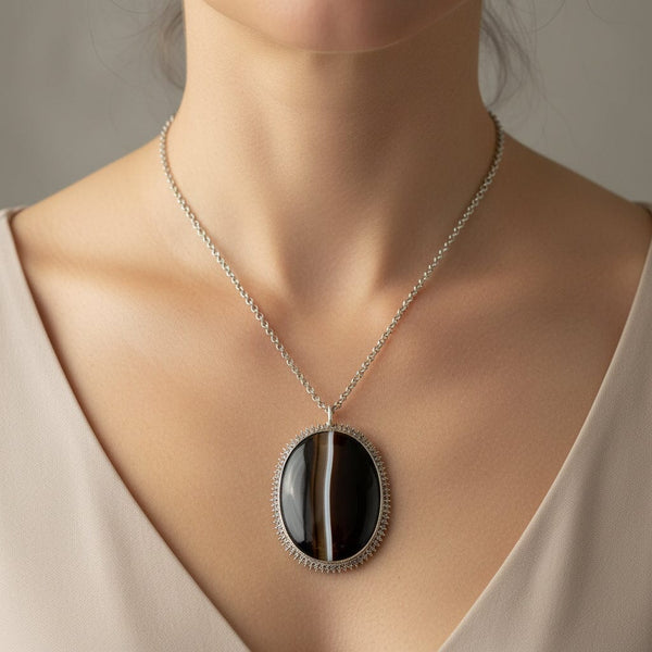 Victorian Sterling Silver Banded Agate Pendant Necklace - Boylerpf