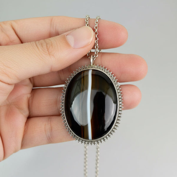 Victorian Sterling Silver Banded Agate Pendant Necklace - Boylerpf