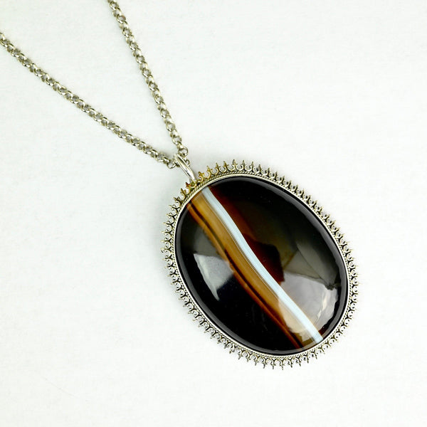 Victorian Sterling Silver Banded Agate Pendant Necklace - Boylerpf