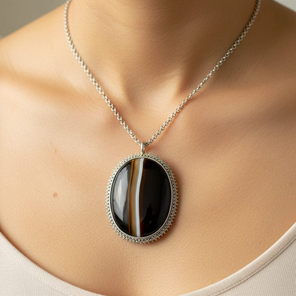 Victorian Sterling Silver Banded Agate Pendant Necklace - Boylerpf