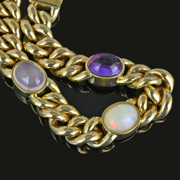 Solid 14K Gold Curb Chain Amethyst Pink Quartz Opal Bracelet - Boylerpf