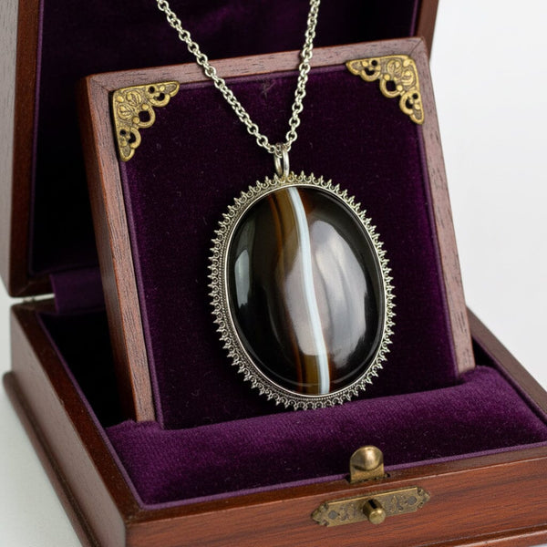 Victorian Sterling Silver Banded Agate Pendant Necklace - Boylerpf