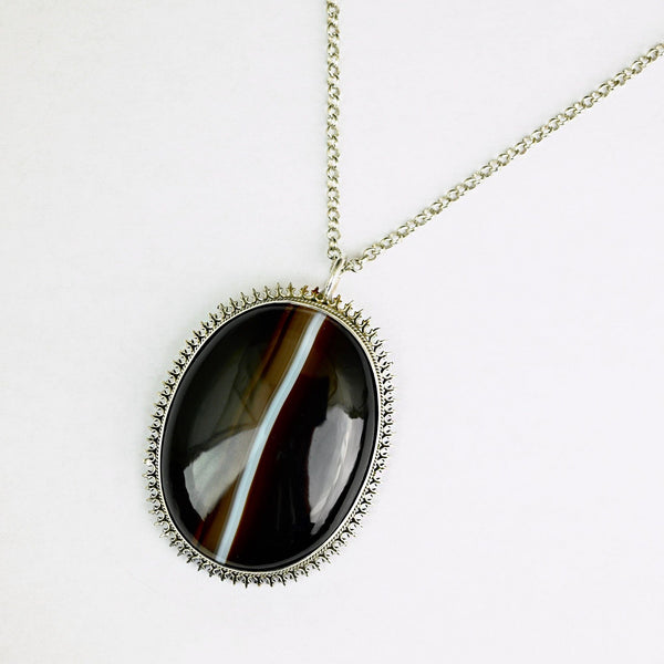 Victorian Sterling Silver Banded Agate Pendant Necklace - Boylerpf