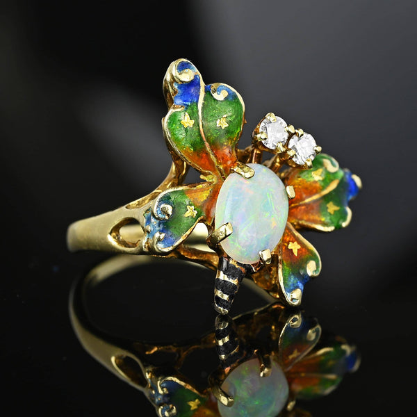 Fine 14K Gold Diamond Opal Enamel Butterfly Ring - Boylerpf