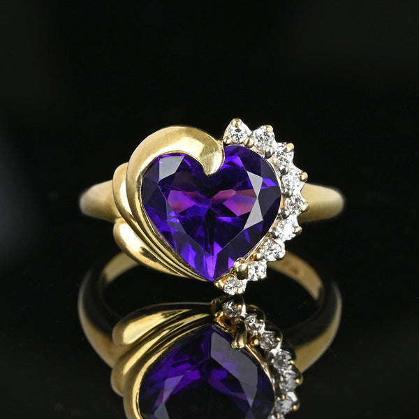 Vintage 14K Gold Diamond Accent Heart Shape Amethyst Ring - Boylerpf