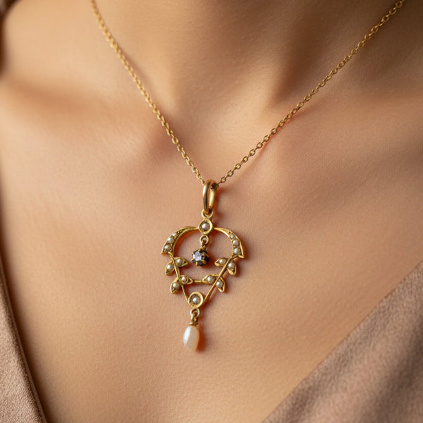 Antique Art Nouveau Sapphire Pearl Lavaliere Necklace