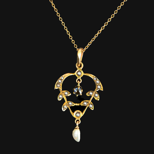 Antique Art Nouveau Sapphire Pearl Lavaliere Necklace