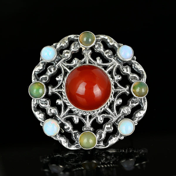 Antique Silver Arts & Crafts Carnelian Moss Agate Opal Brooch