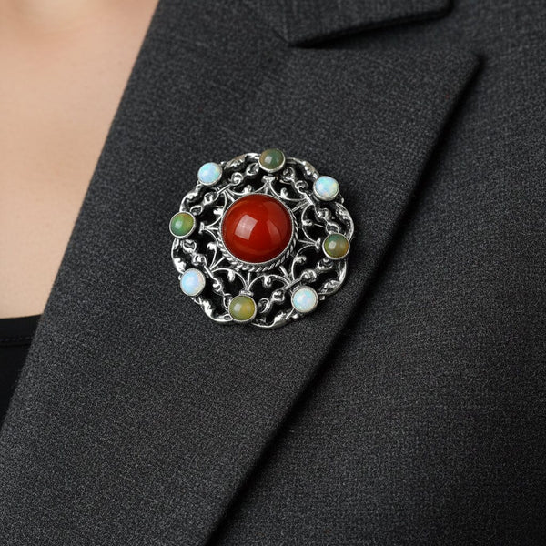 Antique Silver Arts & Crafts Carnelian Moss Agate Opal Brooch