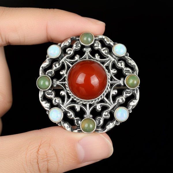 Antique Silver Arts & Crafts Carnelian Moss Agate Opal Brooch