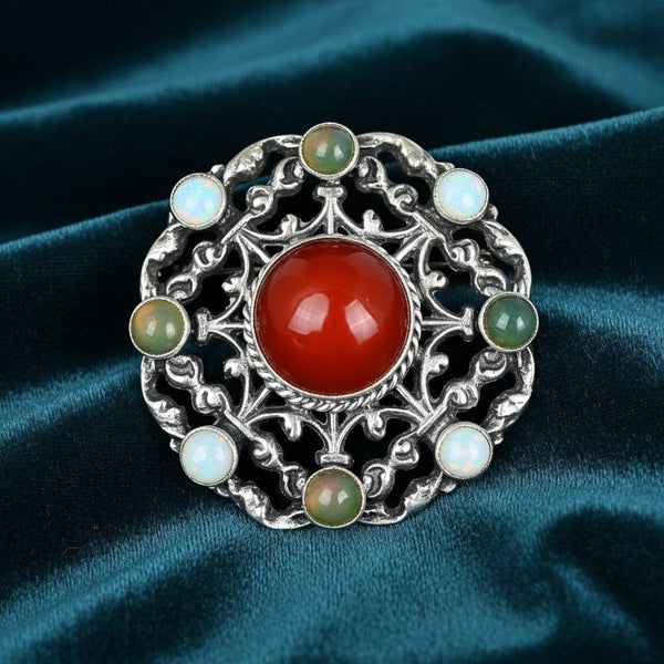Antique Silver Arts & Crafts Carnelian Moss Agate Opal Brooch