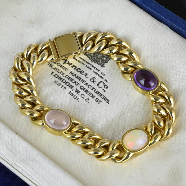 Solid 14K Gold Curb Chain Amethyst Pink Quartz Opal Bracelet - Boylerpf