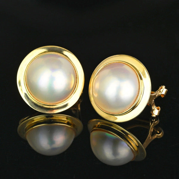 Vintage Large 14K Gold Mabe Pearl Earrings, Omega Back - Boylerpf