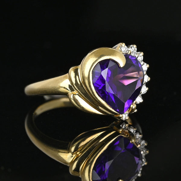 Vintage 14K Gold Diamond Accent Heart Shape Amethyst Ring - Boylerpf