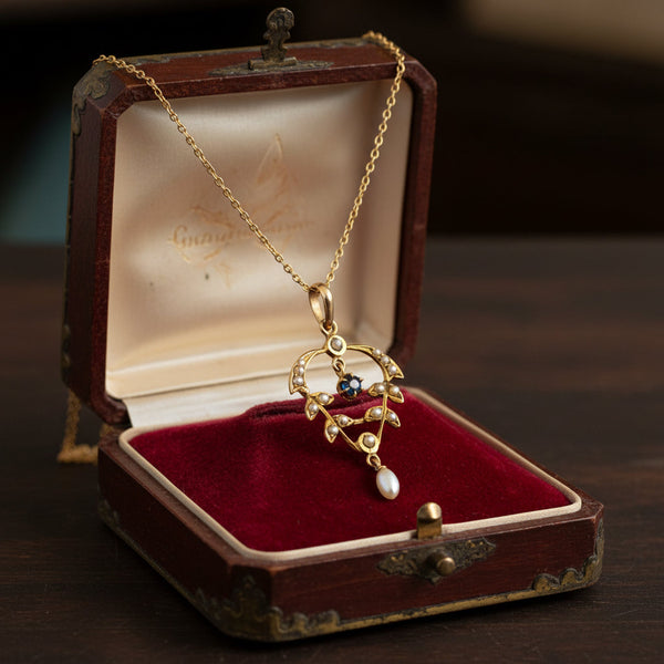Antique Art Nouveau Sapphire Pearl Lavaliere Necklace