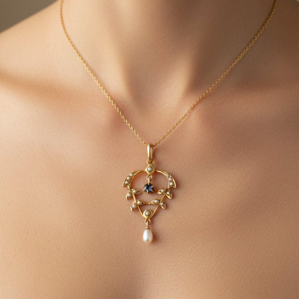 Antique Art Nouveau Sapphire Pearl Lavaliere Necklace