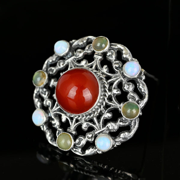 Antique Silver Arts & Crafts Carnelian Moss Agate Opal Brooch
