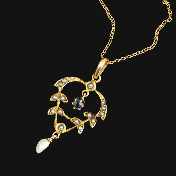 Antique Art Nouveau Sapphire Pearl Lavaliere Necklace