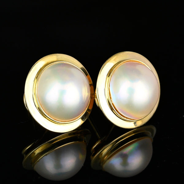 Vintage Large 14K Gold Mabe Pearl Earrings, Omega Back - Boylerpf