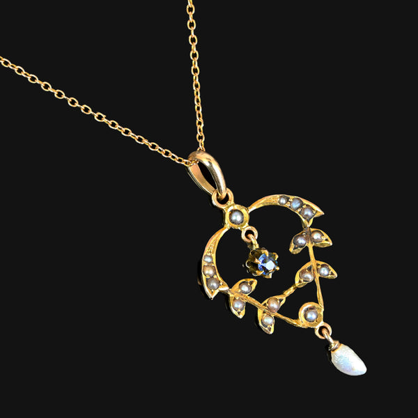 Antique Art Nouveau Sapphire Pearl Lavaliere Necklace