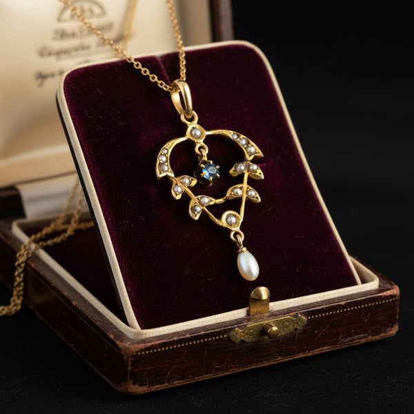Antique Art Nouveau Sapphire Pearl Lavaliere Necklace